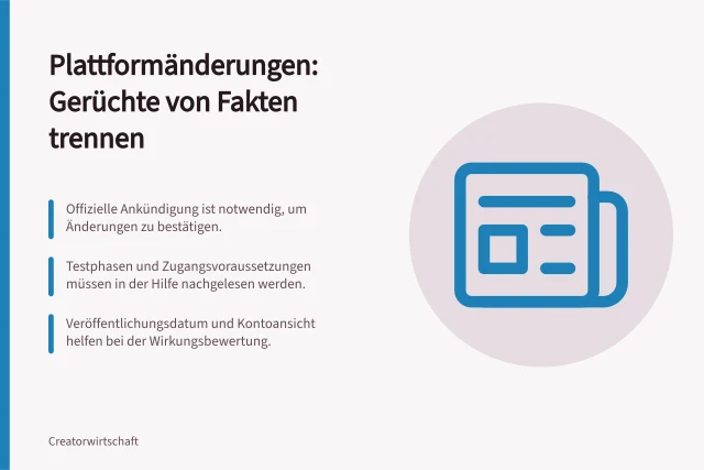 Plattformänderungen: Gerüchte von Fakten trennen: Offizielle Ankündigung ist notwendig, um Änderungen zu bestätigen.; Testphasen und Zugangsvoraussetzungen müssen in der Hilfe nachgelesen werden.; Veröffentlichungsdatum und Kontoansicht helfen bei der Wirkungsbewertung. Bestätigte Plattformänderungen von Gerüchten trennen