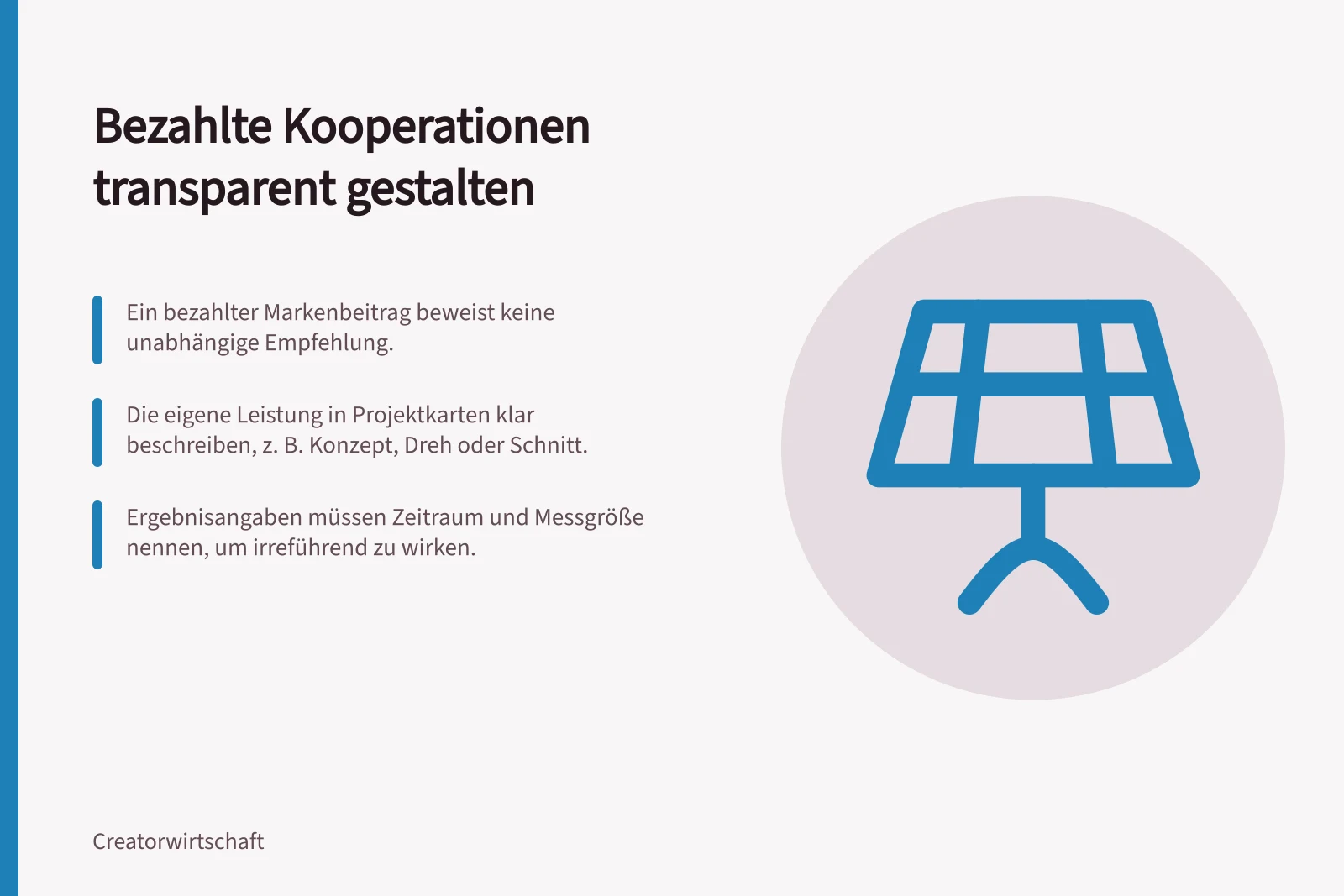 Bezahlte Kooperationen transparent gestalten: Ein bezahlter Markenbeitrag beweist keine unabhängige Empfehlung.; Die eigene Leistung in Projektkarten klar beschreiben, z. B. Konzept, Dreh oder Schnitt.; Ergebnisangaben müssen Zeitraum und Messgröße nennen, um irreführend zu wirken.