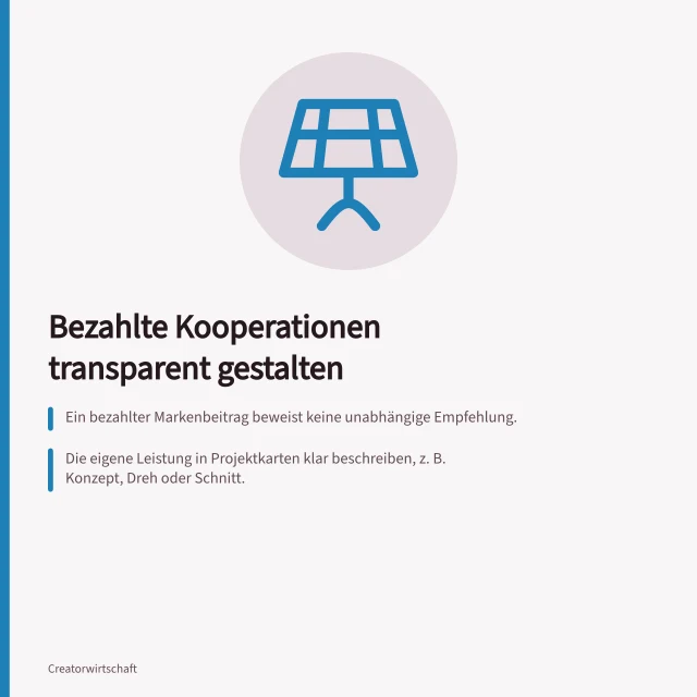 Bezahlte Kooperationen transparent gestalten: Ein bezahlter Markenbeitrag beweist keine unabhängige Empfehlung.; Die eigene Leistung in Projektkarten klar beschreiben, z. B. Konzept, Dreh oder Schnitt.; Ergebnisangaben müssen Zeitraum und Messgröße nennen, um irreführend zu wirken. Bezahlte Kooperationen in der Außendarstellung berücksichtigen