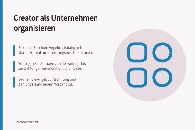 Creator als Unternehmen organisieren: Erstellen Sie einen Angebotskatalog mit klaren Format- und Leistungsbeschreibungen.; Verfolgen Sie Aufträge von der Anfrage bis zur Zahlung in einer einheitlichen Liste.; Ordnen Sie Angebot, Rechnung und Zahlungsstand jedem Vorgang zu. Creator als Unternehmen organisieren