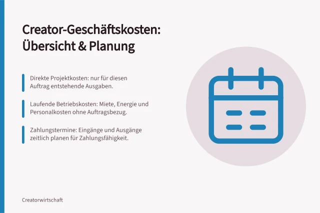 Creator-Geschäftskosten: Übersicht & Planung: Direkte Projektkosten: nur für diesen Auftrag entstehende Ausgaben.; Laufende Betriebskosten: Miete, Energie und Personalkosten ohne Auftragsbezug.; Zahlungstermine: Eingänge und Ausgänge zeitlich planen für Zahlungsfähigkeit. Creator-Geschäftskosten