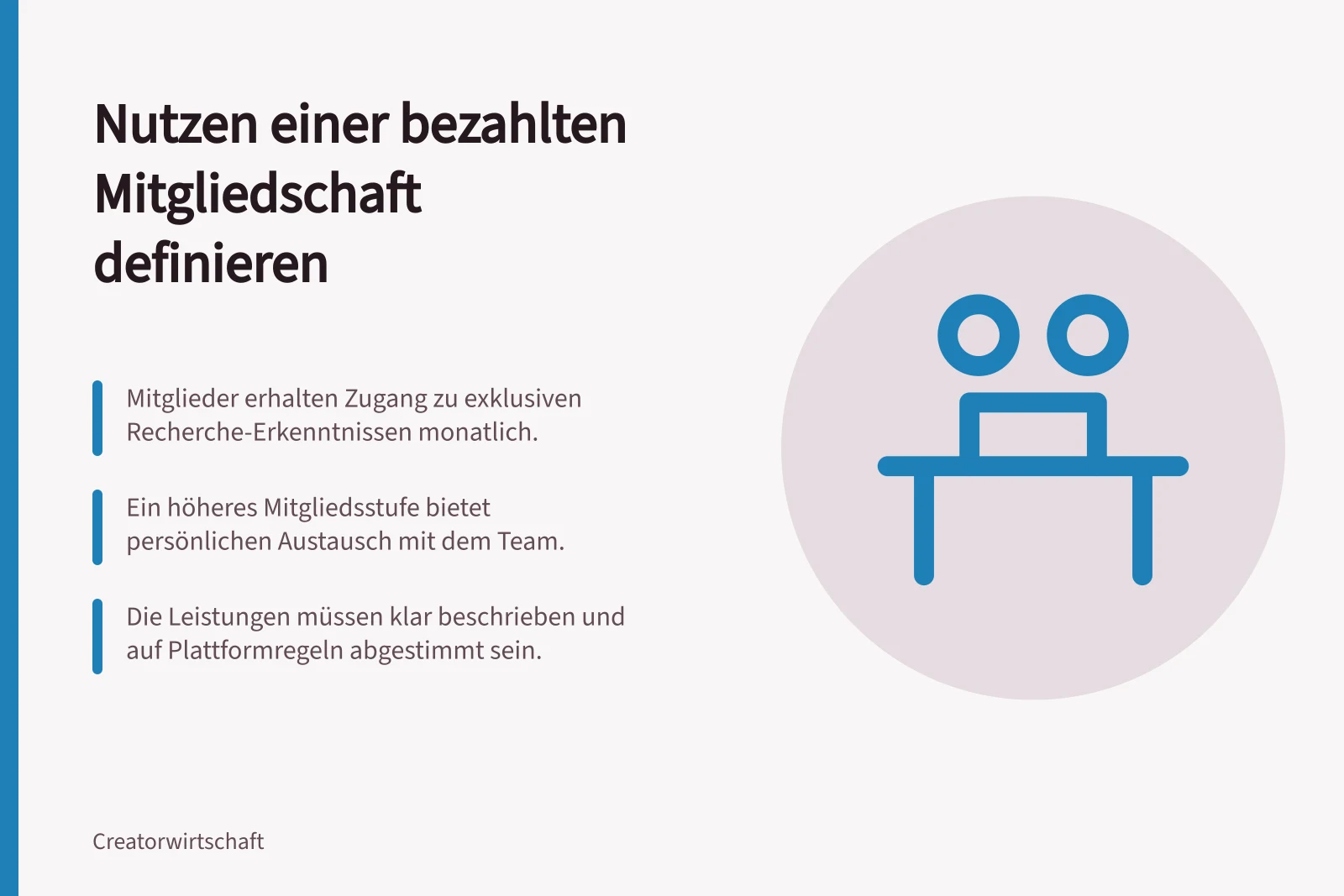 Nutzen einer bezahlten Mitgliedschaft definieren: Mitglieder erhalten Zugang zu exklusiven Recherche-Erkenntnissen monatlich.; Ein höheres Mitgliedsstufe bietet persönlichen Austausch mit dem Team.; Die Leistungen müssen klar beschrieben und auf Plattformregeln abgestimmt sein.