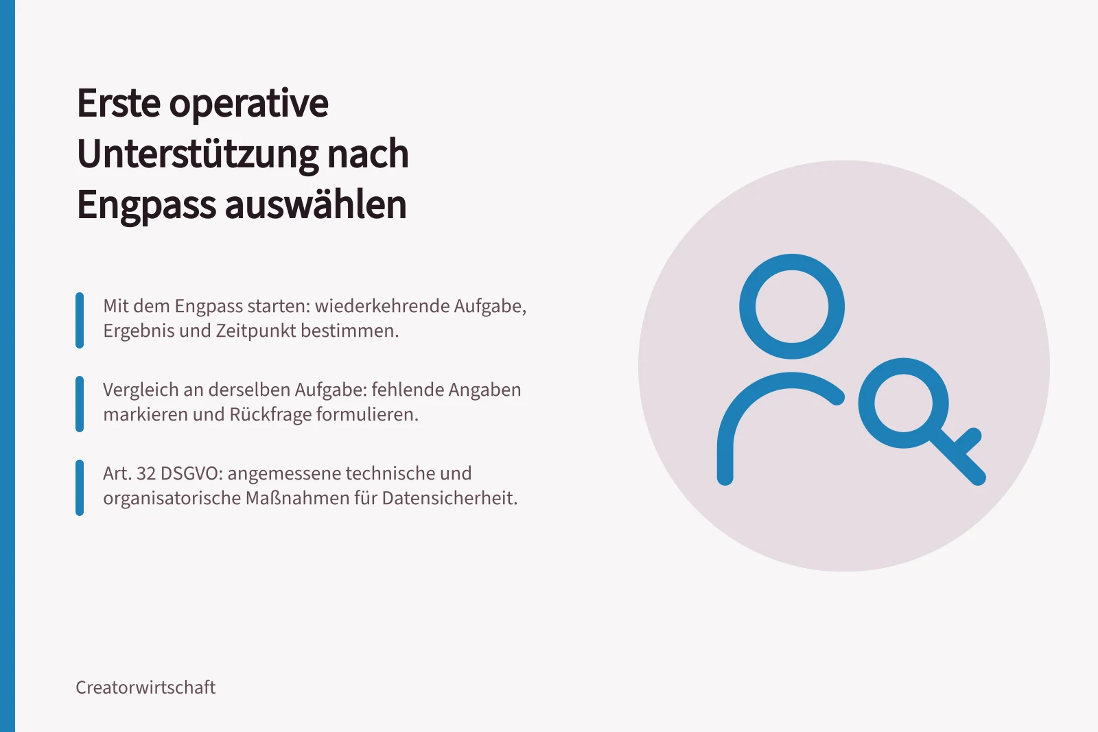 Erste operative Unterstützung nach Engpass auswählen: Mit dem Engpass starten: wiederkehrende Aufgabe, Ergebnis und Zeitpunkt bestimmen.; Vergleich an derselben Aufgabe: fehlende Angaben markieren und Rückfrage formulieren.; Art. 32 DSGVO: angemessene technische und organisatorische Maßnahmen für Datensicherheit.
