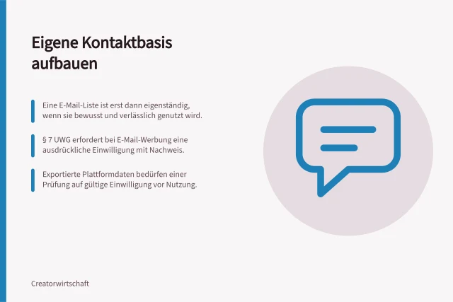 Eigene Kontaktbasis aufbauen: Eine E-Mail-Liste ist erst dann eigenständig, wenn sie bewusst und verlässlich genutzt wird.; § 7 UWG erfordert bei E-Mail-Werbung eine ausdrückliche Einwilligung mit Nachweis.; Exportierte Plattformdaten bedürfen einer Prüfung auf gültige Einwilligung vor Nutzung. Eine eigene Kontaktbasis zum Publikum aufbauen