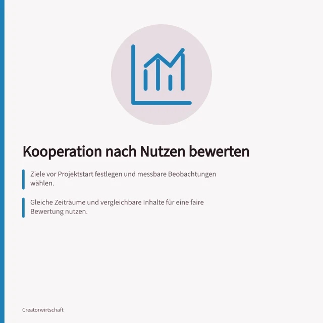 Kooperation nach Nutzen bewerten: Ziele vor Projektstart festlegen und messbare Beobachtungen wählen.; Gleiche Zeiträume und vergleichbare Inhalte für eine faire Bewertung nutzen.; Aufwand und Ertrag gemeinsam dokumentieren und Entscheidung mit Daten begründen. Eine Kooperation nach ihrem tatsächlichen Nutzen bewerten