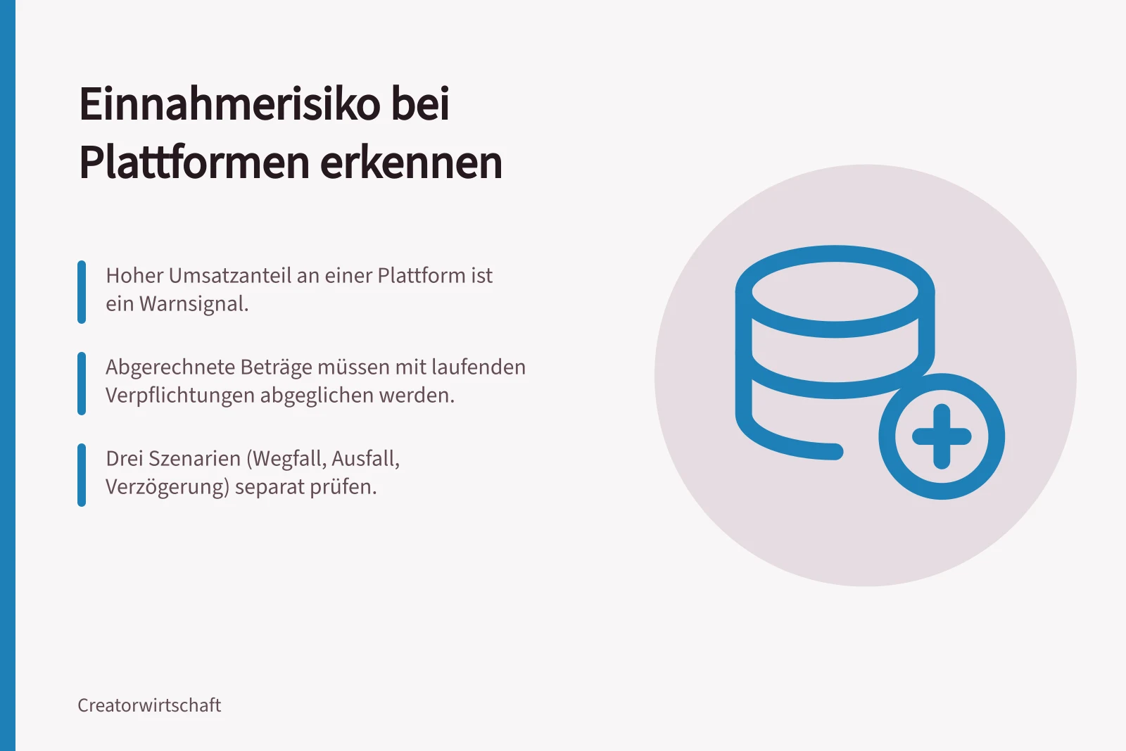 Einnahmerisiko bei Plattformen erkennen: Hoher Umsatzanteil an einer Plattform ist ein Warnsignal.; Abgerechnete Beträge müssen mit laufenden Verpflichtungen abgeglichen werden.; Drei Szenarien (Wegfall, Ausfall, Verzögerung) separat prüfen.