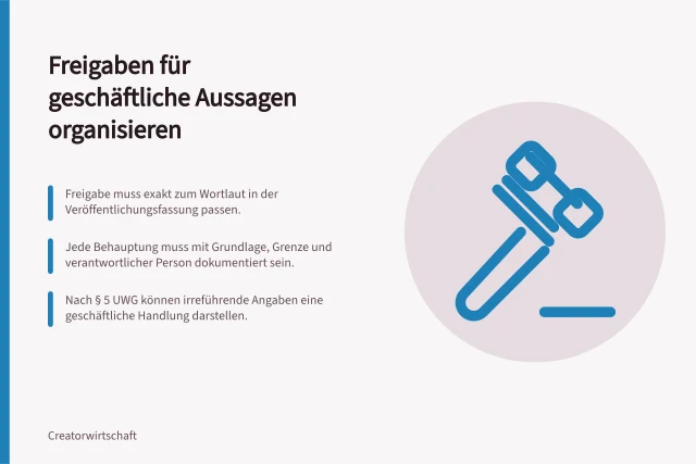 Freigaben für geschäftliche Aussagen organisieren: Freigabe muss exakt zum Wortlaut in der Veröffentlichungsfassung passen.; Jede Behauptung muss mit Grundlage, Grenze und verantwortlicher Person dokumentiert sein.; Nach § 5 UWG können irreführende Angaben eine geschäftliche Handlung darstellen. Freigaben für geschäftliche Aussagen organisieren