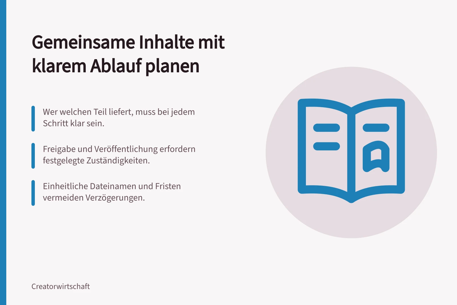 Gemeinsame Inhalte mit klarem Ablauf planen: Wer welchen Teil liefert, muss bei jedem Schritt klar sein.; Freigabe und Veröffentlichung erfordern festgelegte Zuständigkeiten.; Einheitliche Dateinamen und Fristen vermeiden Verzögerungen.