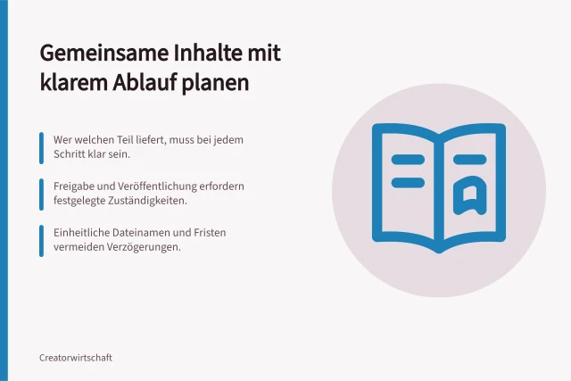 Gemeinsame Inhalte mit klarem Ablauf planen: Wer welchen Teil liefert, muss bei jedem Schritt klar sein.; Freigabe und Veröffentlichung erfordern festgelegte Zuständigkeiten.; Einheitliche Dateinamen und Fristen vermeiden Verzögerungen. Gemeinsame Inhalte mit klarer Aufgabenverteilung planen