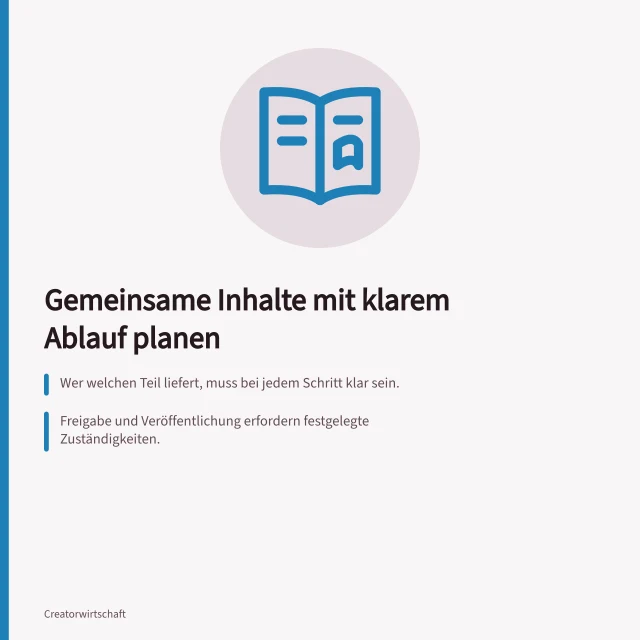 Gemeinsame Inhalte mit klarem Ablauf planen: Wer welchen Teil liefert, muss bei jedem Schritt klar sein.; Freigabe und Veröffentlichung erfordern festgelegte Zuständigkeiten.; Einheitliche Dateinamen und Fristen vermeiden Verzögerungen. Gemeinsame Inhalte mit klarer Aufgabenverteilung planen
