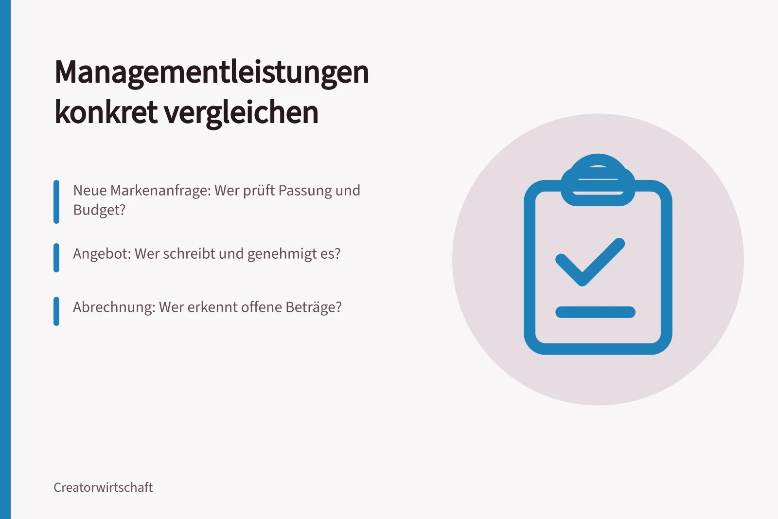 Managementleistungen konkret vergleichen: Neue Markenanfrage: Wer prüft Passung und Budget?; Angebot: Wer schreibt und genehmigt es?; Abrechnung: Wer erkennt offene Beträge?