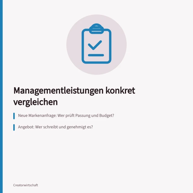 Managementleistungen konkret vergleichen: Neue Markenanfrage: Wer prüft Passung und Budget?; Angebot: Wer schreibt und genehmigt es?; Abrechnung: Wer erkennt offene Beträge?. Managementleistungen mit konkreten Aufgaben vergleichen