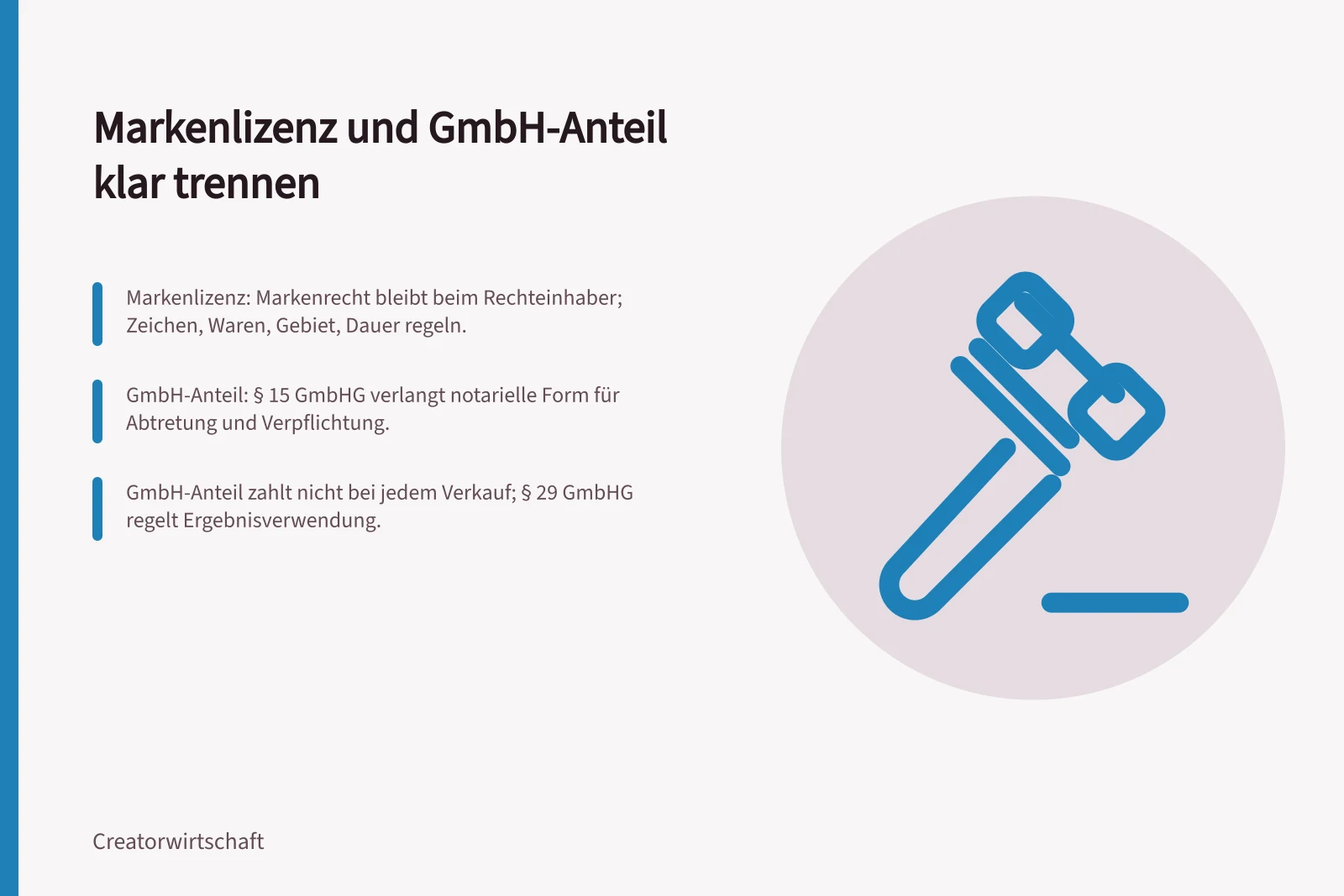 Markenlizenz und GmbH-Anteil klar trennen: Markenlizenz: Markenrecht bleibt beim Rechteinhaber; Zeichen, Waren, Gebiet, Dauer regeln.; GmbH-Anteil: § 15 GmbHG verlangt notarielle Form für Abtretung und Verpflichtung.; GmbH-Anteil zahlt nicht bei jedem Verkauf; § 29 GmbHG regelt Ergebnisverwendung.