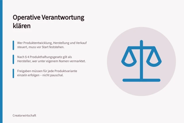 Operative Verantwortung klären: Wer Produktentwicklung, Herstellung und Verkauf steuert, muss vor Start feststehen.; Nach § 4 Produkthaftungsgesetz gilt als Hersteller, wer unter eigenem Namen vermarktet.; Freigaben müssen für jede Produktvariante einzeln erfolgen – nicht pauschal. Operative Verantwortung bei Produktprojekten klären