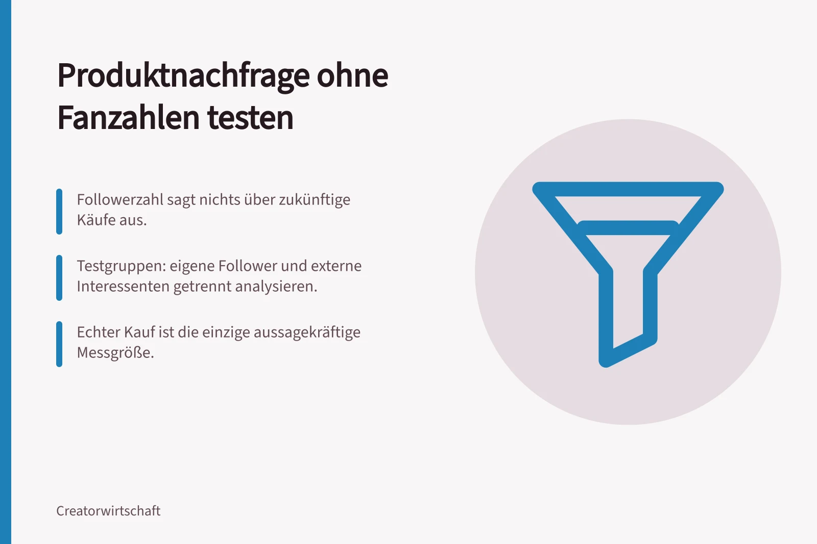 Produktnachfrage ohne Fanzahlen testen: Followerzahl sagt nichts über zukünftige Käufe aus.; Testgruppen: eigene Follower und externe Interessenten getrennt analysieren.; Echter Kauf ist die einzige aussagekräftige Messgröße.