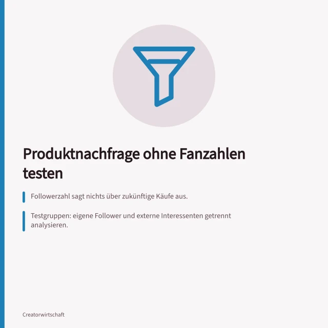 Produktnachfrage ohne Fanzahlen testen: Followerzahl sagt nichts über zukünftige Käufe aus.; Testgruppen: eigene Follower und externe Interessenten getrennt analysieren.; Echter Kauf ist die einzige aussagekräftige Messgröße. Produktnachfrage unabhängig von Fanzahlen testen