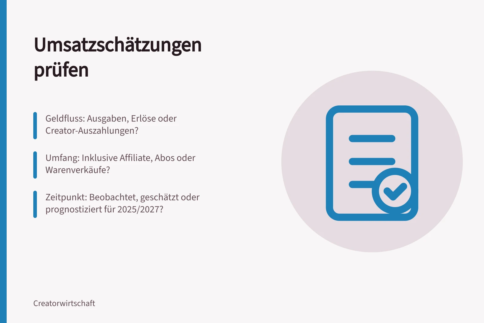 Umsatzschätzungen prüfen: Geldfluss: Ausgaben, Erlöse oder Creator-Auszahlungen?; Umfang: Inklusive Affiliate, Abos oder Warenverkäufe?; Zeitpunkt: Beobachtet, geschätzt oder prognostiziert für 2025/2027?