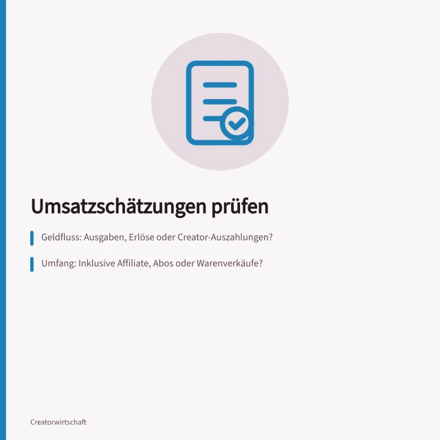 Umsatzschätzungen prüfen: Geldfluss: Ausgaben, Erlöse oder Creator-Auszahlungen?; Umfang: Inklusive Affiliate, Abos oder Warenverkäufe?; Zeitpunkt: Beobachtet, geschätzt oder prognostiziert für 2025/2027?. Umsatzschätzungen auf ihre Definitionen prüfen