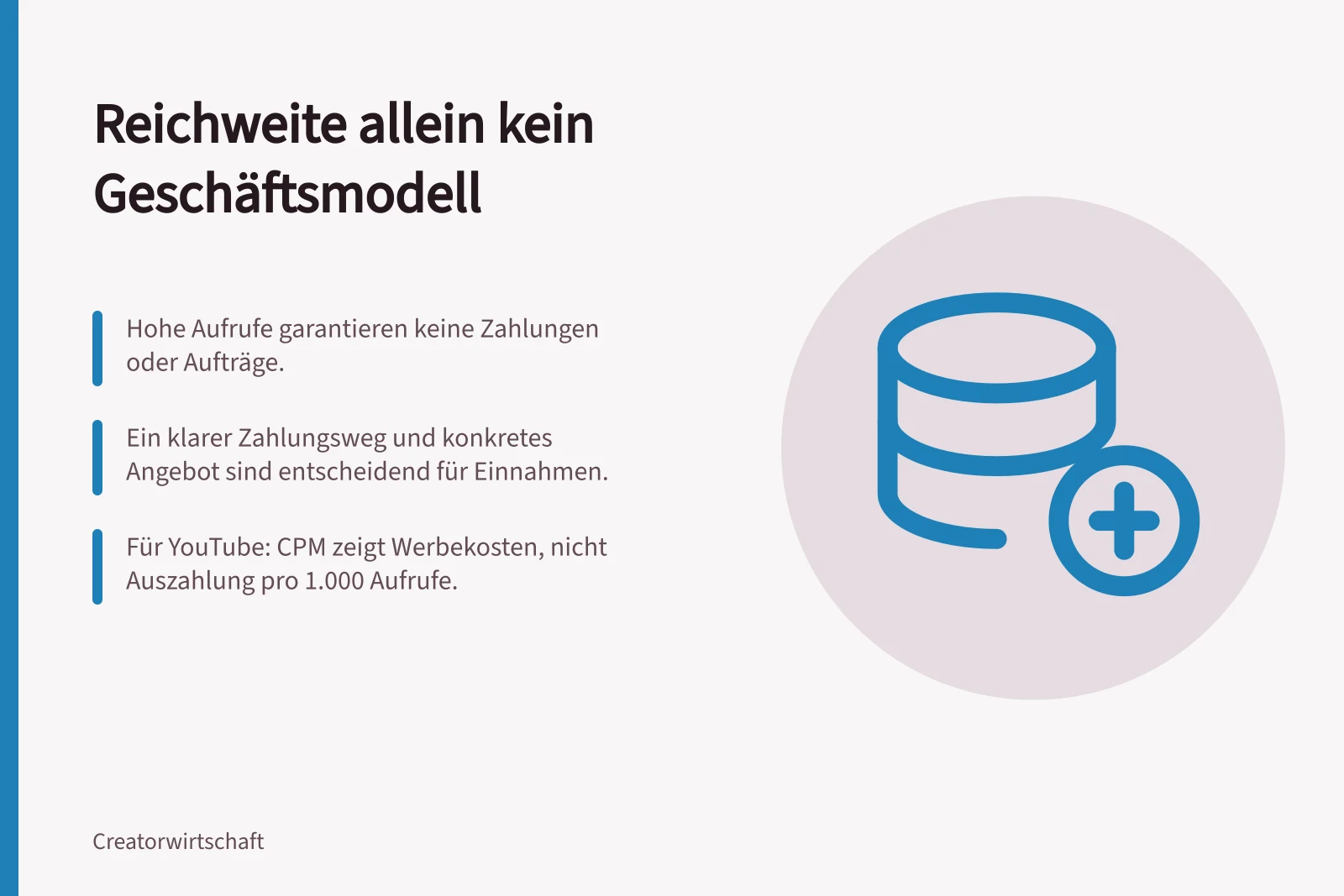 Reichweite allein kein Geschäftsmodell: Hohe Aufrufe garantieren keine Zahlungen oder Aufträge.; Ein klarer Zahlungsweg und konkretes Angebot sind entscheidend für Einnahmen.; Für YouTube: CPM zeigt Werbekosten, nicht Auszahlung pro 1.000 Aufrufe.