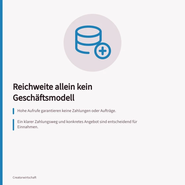 Reichweite allein kein Geschäftsmodell: Hohe Aufrufe garantieren keine Zahlungen oder Aufträge.; Ein klarer Zahlungsweg und konkretes Angebot sind entscheidend für Einnahmen.; Für YouTube: CPM zeigt Werbekosten, nicht Auszahlung pro 1.000 Aufrufe. Warum Reichweite allein kein Geschäftsmodell ist